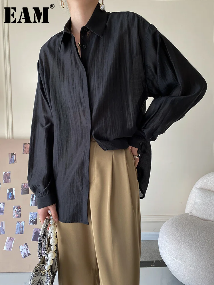 

[EAM] Women Black Elegant Big Size Casual Blouse New Lapel Long Sleeve Loose Fit Shirt Fashion Tide Spring Autumn 2023 1DF5170