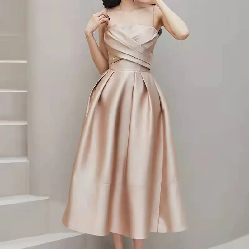 

Spaghetti Straps Evening Dresses Satin Pleated فساتين السهرة Line Party Prom Gown with Pockets for Women