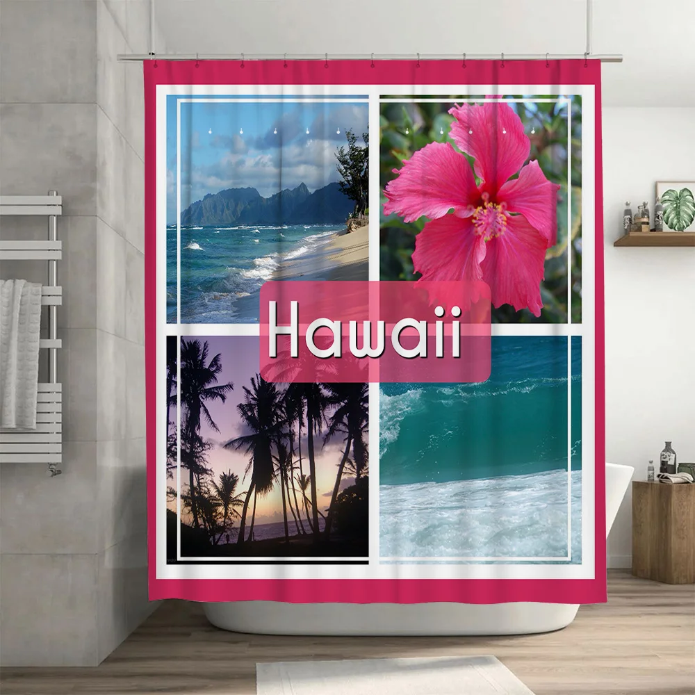 Фото Летний набор занавесок для душа Breezy Pink Hibiscus для украшения ванны, Гавайский вид на пляж с пальмами, голубое море, белый песок, 72x78 дюймов №3
