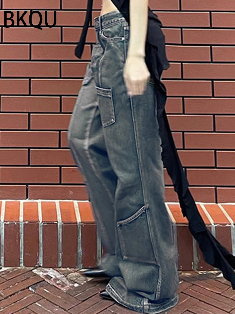 BKQU Multi-Pocket Washed Cargo Pants Y2k Retro Low Waisted Straight Baggy Jeans Women Bright line Denim Trousers Fairycore 2023