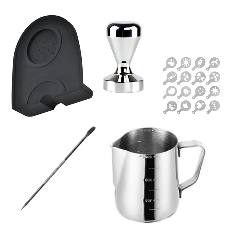 

Set of Espresso 51MM Coffee Tamper Mat Silicone Rubber Tampering Corner Mat Coffee Maker with 350ML Milk Jug and Art Pen