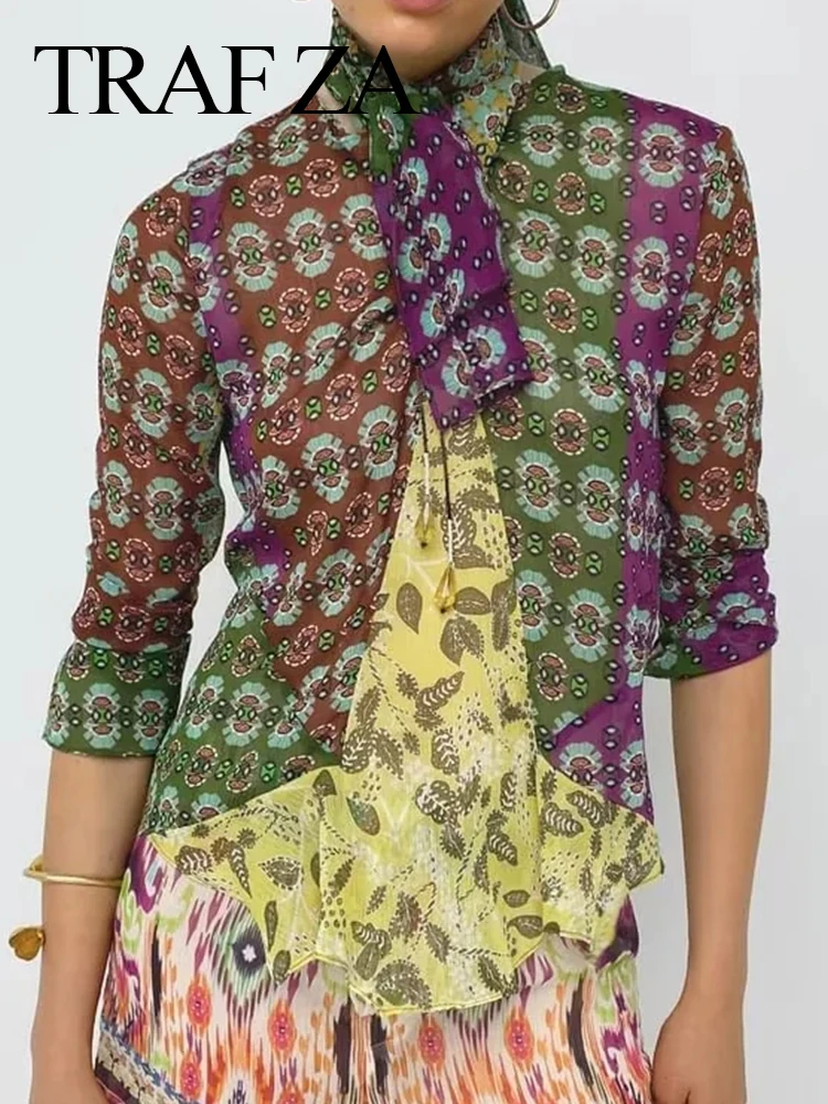 

Женская Асимметричная рубашка с длинным рукавом, полупрозрачная, легкая, с винтажным принтом