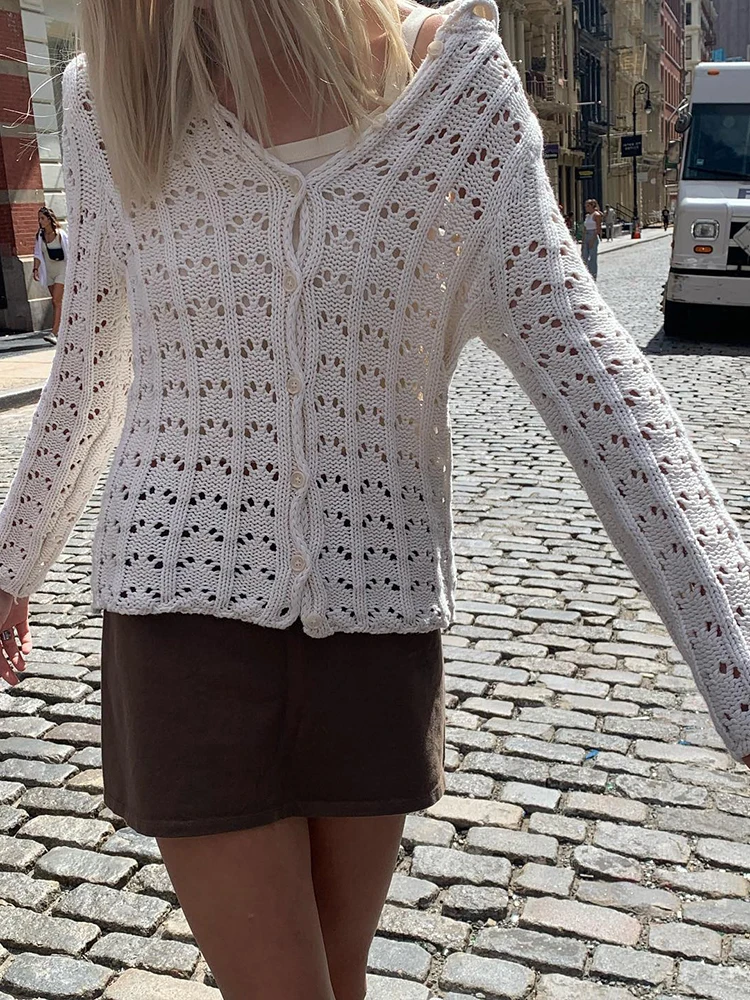 

WeiYao Hollow Out Knitted Y2K Cardigan Top Button Up Turn Down Collar Preppy Sweaters Women Long Sleeve Autumn Winter Clothes