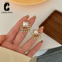elegant temperament hollow chain square pearl stud earrings for women fashion vintage clip on earrings party jewelry
