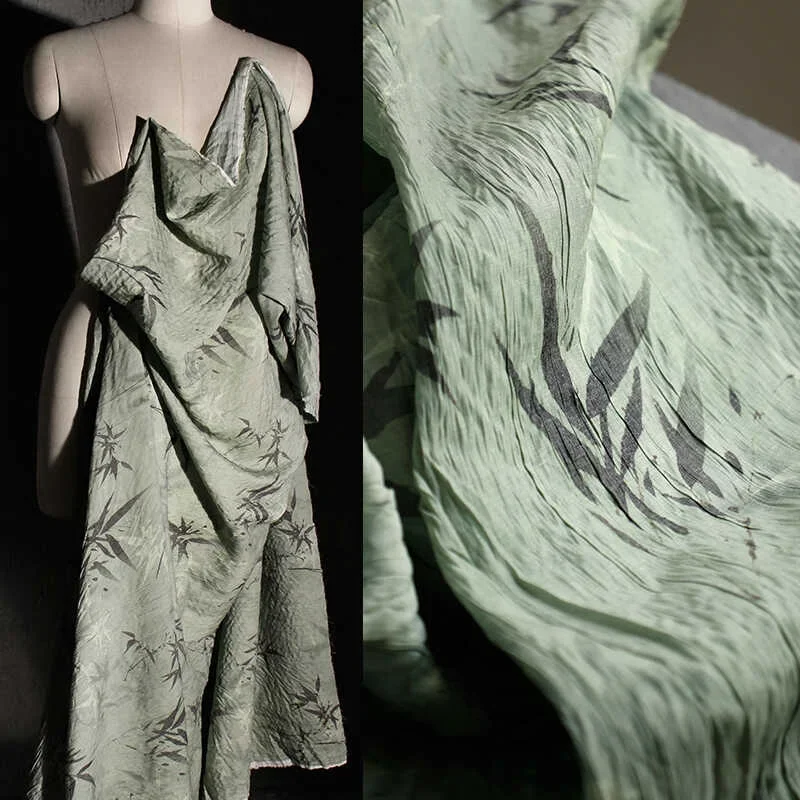 Зеленая плиссированная бамбуковая ткань с листьями для пошива Hanfu