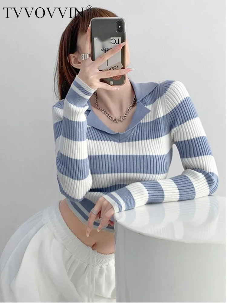 

WOMENGAGA American Stripe Color Contrast College Style V Neck Sweater For Women Autumn Winter 2023 New Slim Long Sleeve YA9T