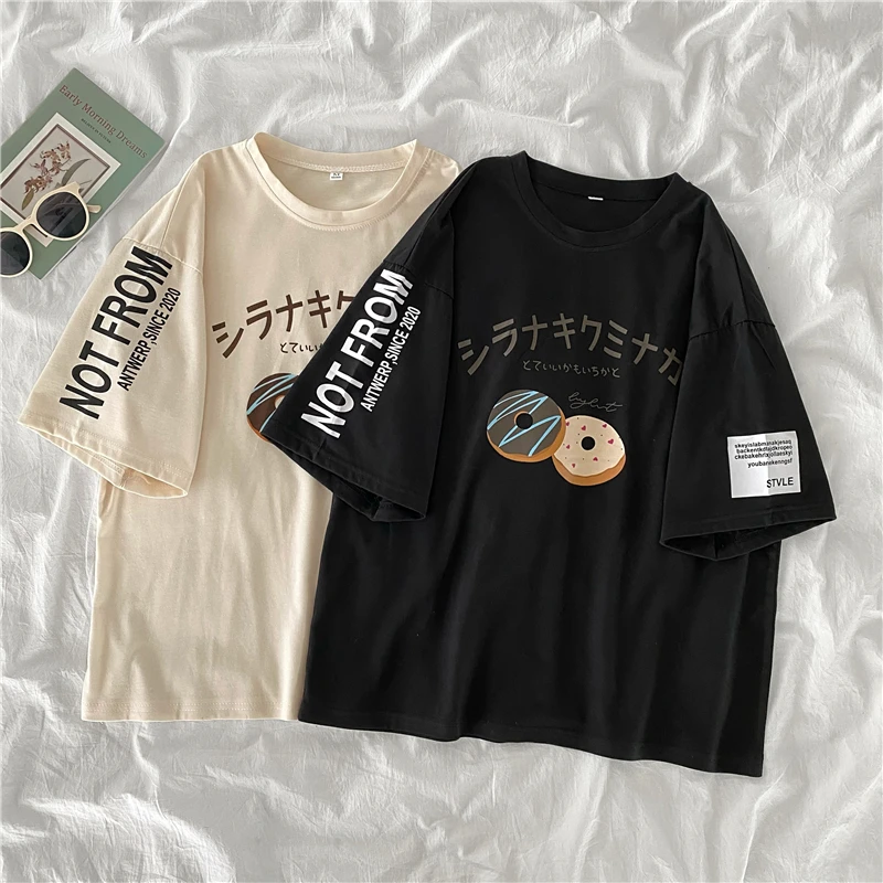 

Футболка женская хлопковая оверсайз с коротким рукавом и японским принтом букв