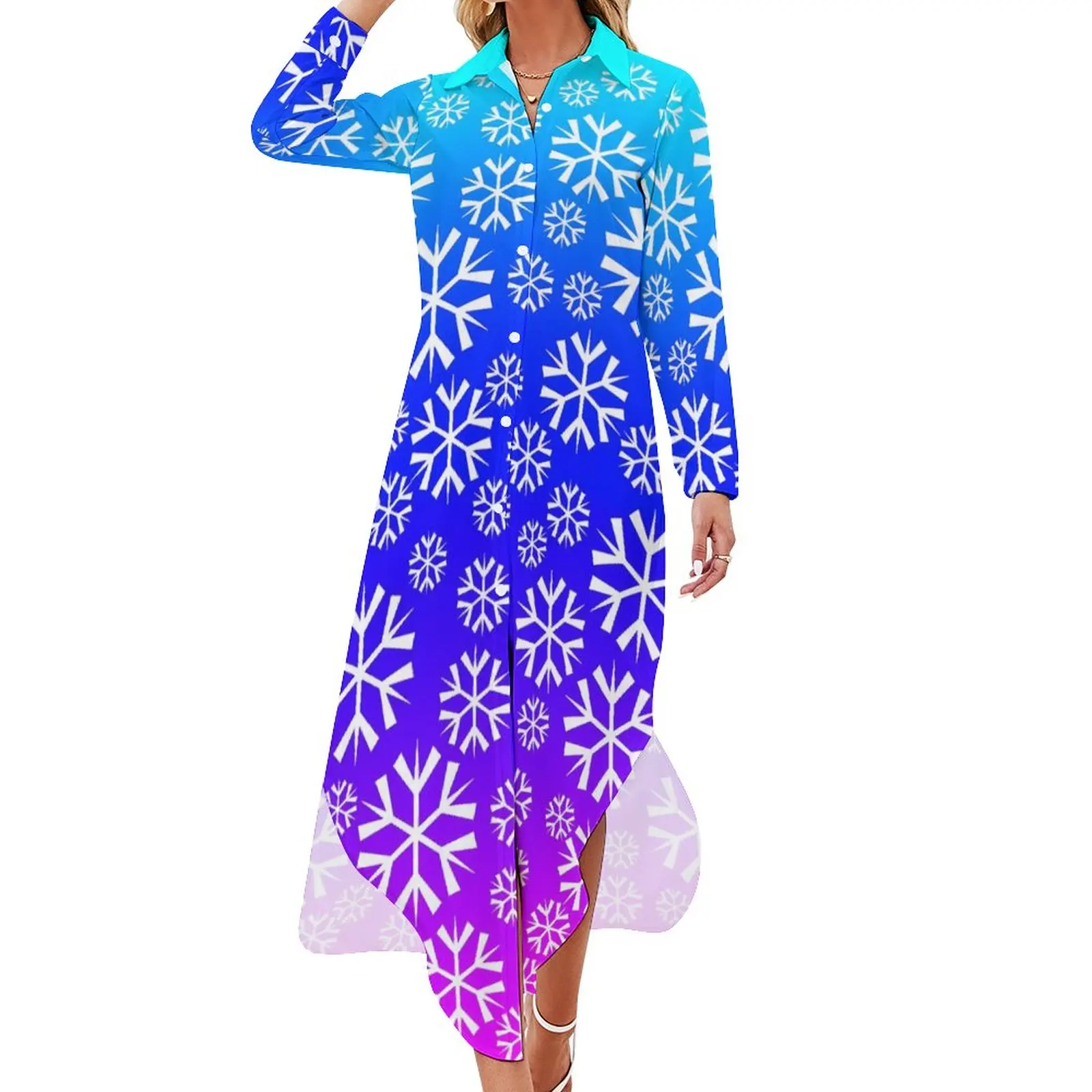 

Белое шифоновое платье в виде снежинок, фиолетовые и синие элегантные платья, женское модное Повседневное платье большого размера с длинным рукавом и V-образным вырезом