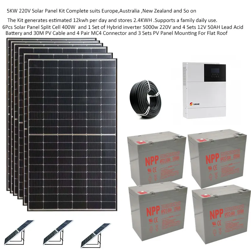 Solar Panel Kit Complete 5000W 220v 110V Battery Solarpanel  400w Hybrid Inverter MPPT Off Grid Solar System 4HP Home Farm Villa