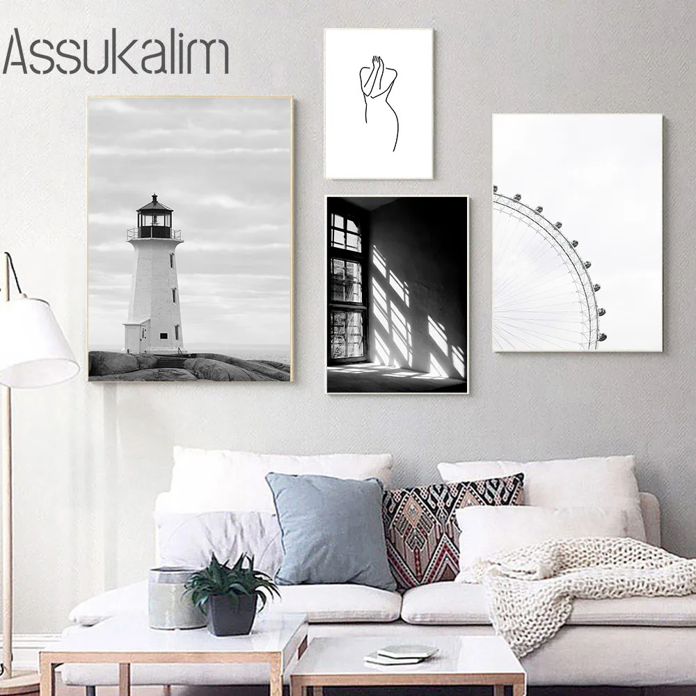 Черно-белый пейзаж художественные принты морской холст картины колеса обозрения