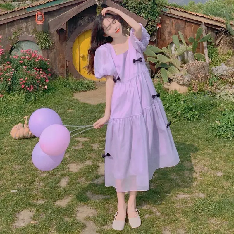 

Summer New Bow Patchwork Midi Dress Square Neck Short Sleeve Solid Color Loose Ladies Dresses Elegant Fashion Women Clothing