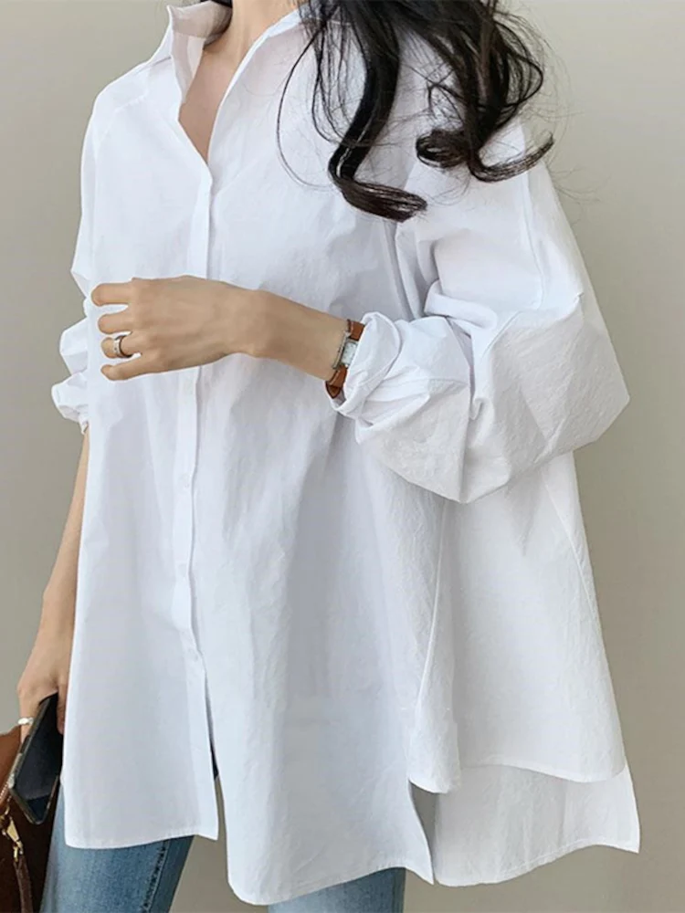 

ZANZEA Women Blouse 2022 Autumn White Shirts Fashion Lapel Long Sleeve Buttons Asymmetrical Tops Baggy Casual Solid Blusas