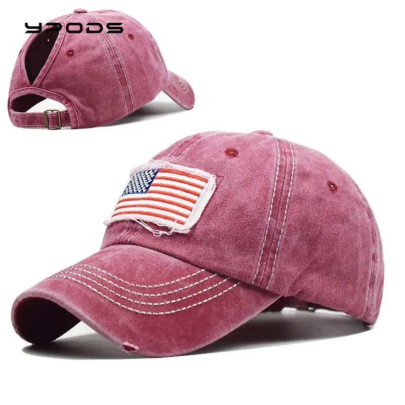 

Cotton Washed Horsetail Hole National Flag Embroidered Baseball Cap Horsetail Cap Tidal Curved Eave Horsetail Cap