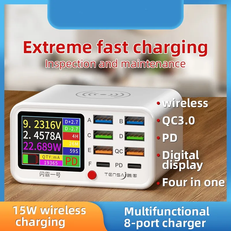 Multi Function Charger Station with 1.8-inch LED Screen 8 Port USB QC3.0 USB-C PD 20W and 15W Wireless Fast Charging