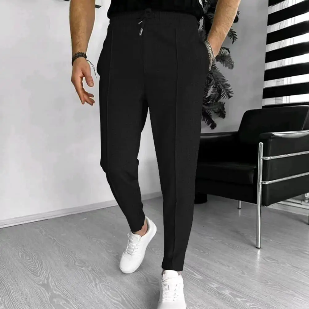 

Breathable Pants Soft Breathable Men's Drawstring Pants with Elastic Waist Pockets for Business Commute Long Trousers Men Waffle
