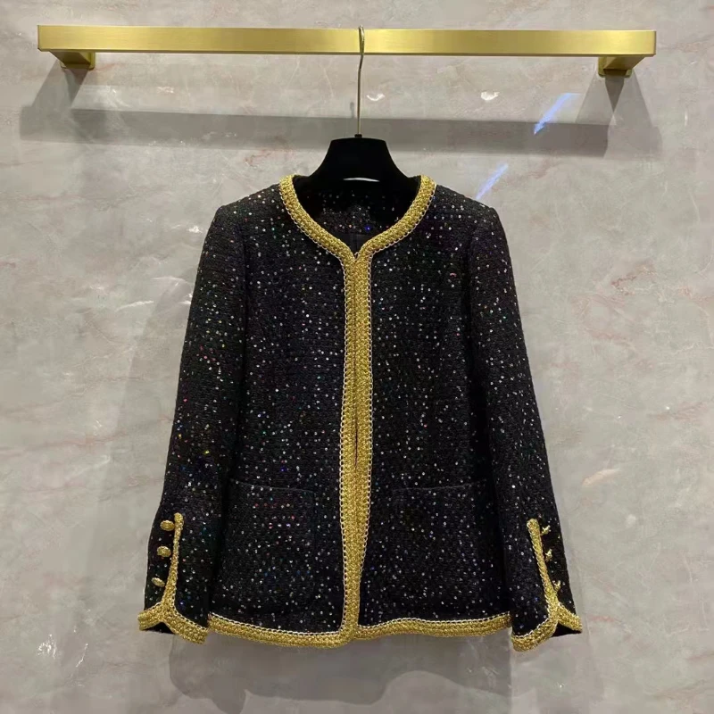 

2022 New Long-sleeved Round-neck Gold Trimmed Tweed Sequined Coat European and American Women's Wear Spring