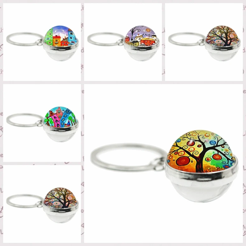 Popular Jewelry Metal Key Chain Colorful House Under The Starry Sky Double Sided Glass Ball for Family and Friends |