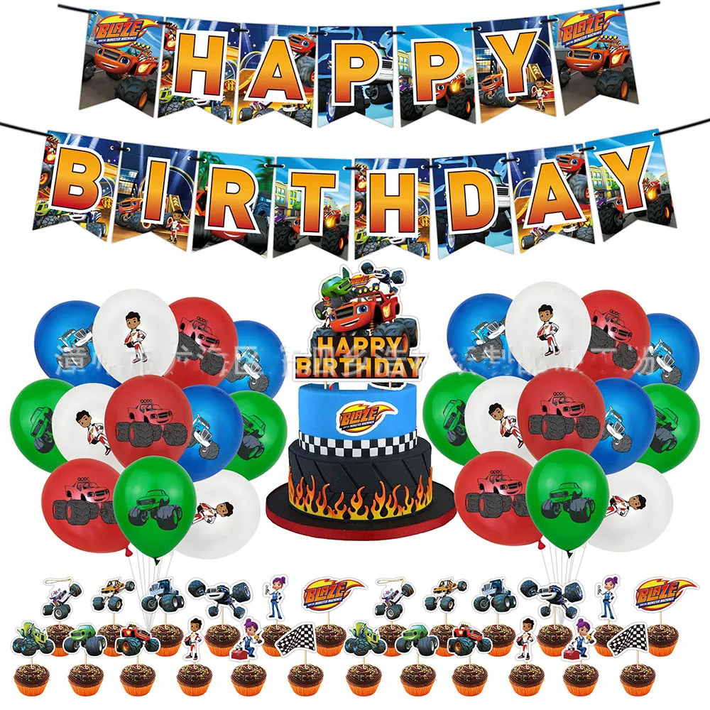 

Cartoon Car Blaze Monster Balloons Happy Birthday Banner Party Decorations Machines Racing Racecar SUV Cake Cupcake Toppers Toys