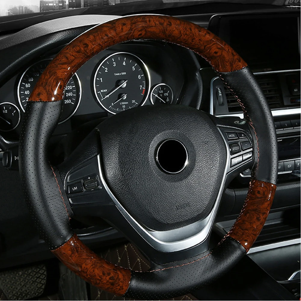 

Parts Steering wheel cover Peach Wood Replacement Truck Universal With Needles And Thread Kit Leather Car Fit 37-38cm Durable