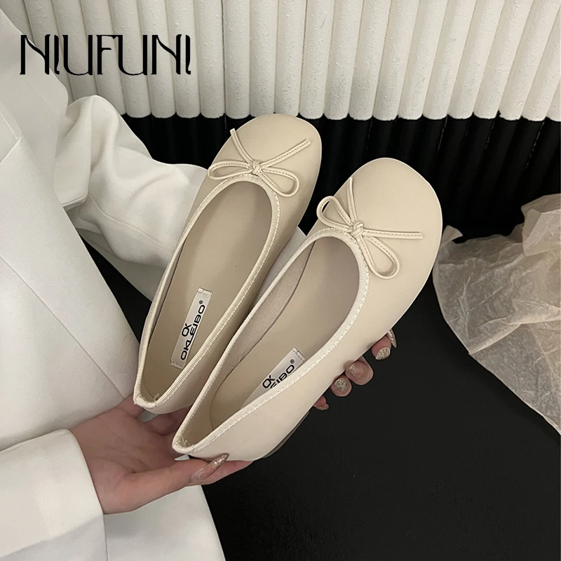 

NIUFUNI Round Toe Doudou Shoes Loafer Bow Women's Pumps Summer Slip On Mary Jane Ballet Shoes Solid Color Muller Shoes For Women