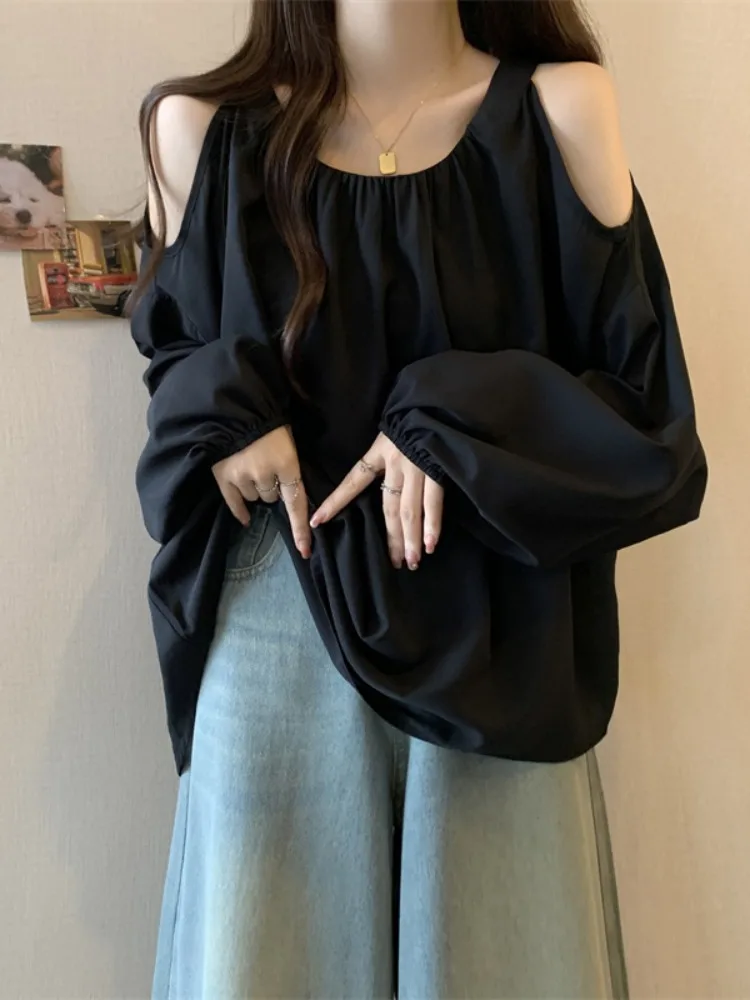 Женская летняя рубашка с открытыми плечами открытой шеей и пышными рукавами