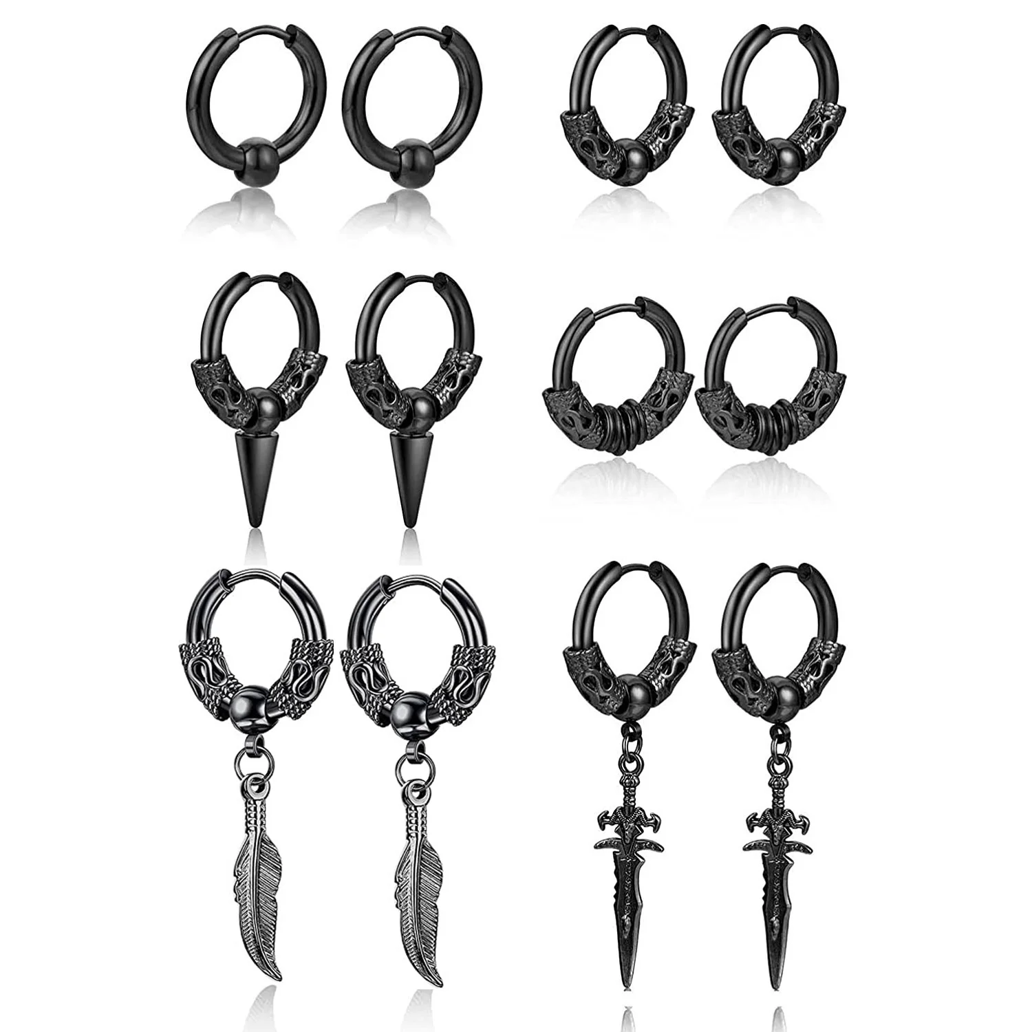 

Серьги-гвоздики WKOUD с крестом и перьями, модные круглые ювелирные украшения в стиле панк-рок из нержавеющей стали в стиле хип-хоп, черные, 6 пар