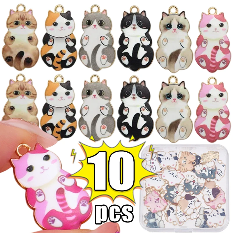 10pcs Fashion Gold Color Metal Alloy Kawaii Enamel Cat Animal Charms Pendant Fit Jewelry Making DIY Necklace Jewelry Finding