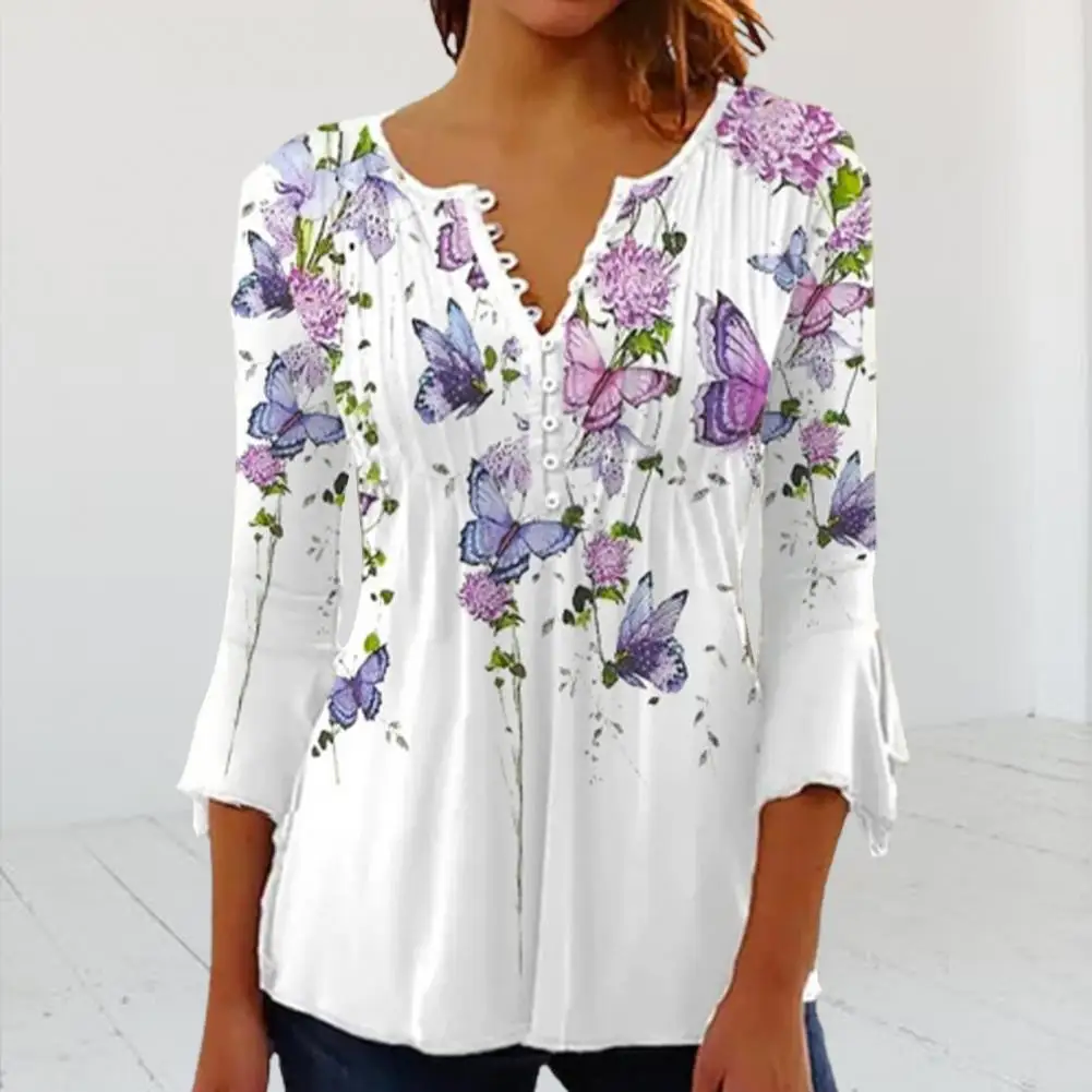 

Stylish Women Summer T-shirt Soft Summer Blouse Buttons Mid Length Lady Summer Top Match Pants