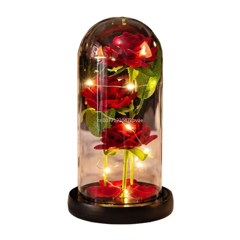 

Christmas and Valentine's Day gift three simulated roses glass cover decoration Forever Roses Eternal Flowers with led lights