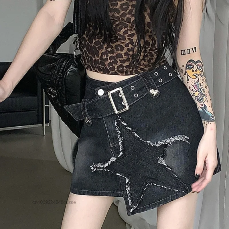 

Y2k Denim Short Skirt Irregular Star Vintage Women's Skirt Sexy Punk Slim Skirt Black High Waist A-line Mini Skirt Wrap Hip Skir