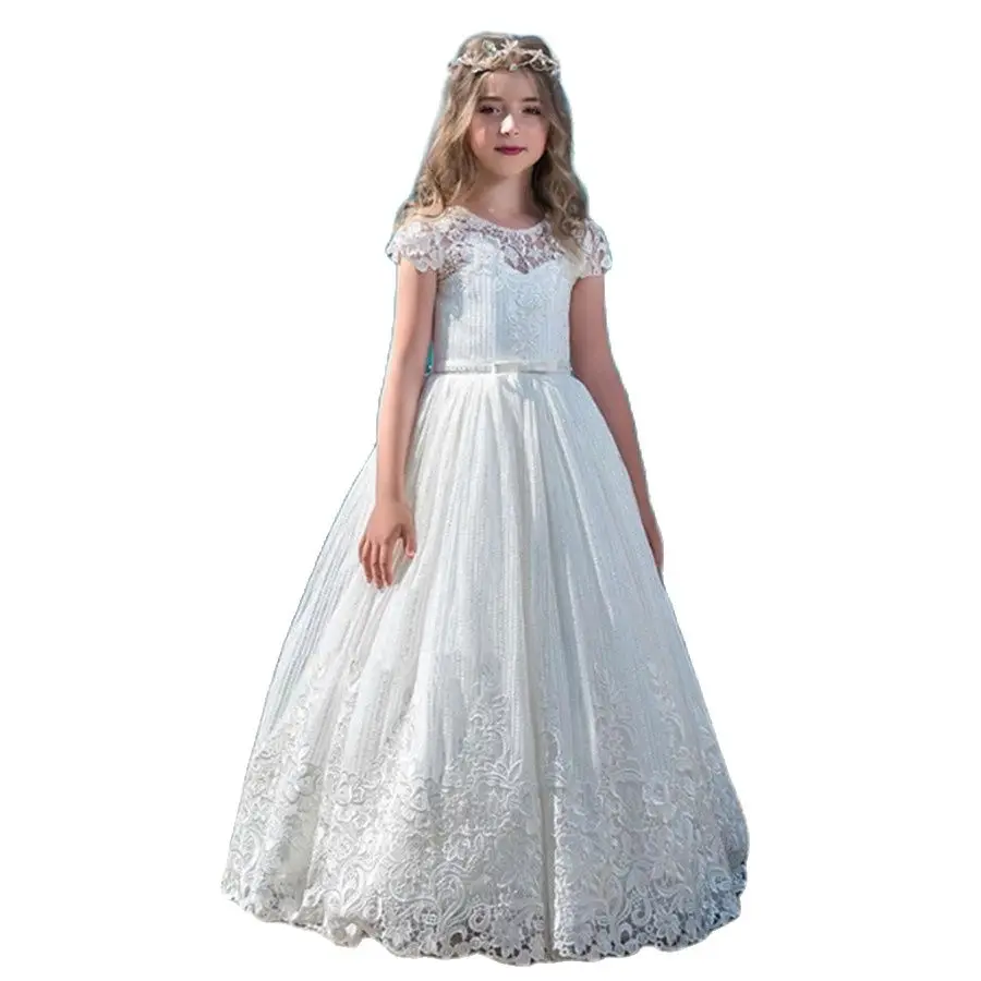 

White Flower Girl Dress Tulle Appliques For Wedding Sleeveless Long First Holy Communion Birthday Party Dresses For Little Girl