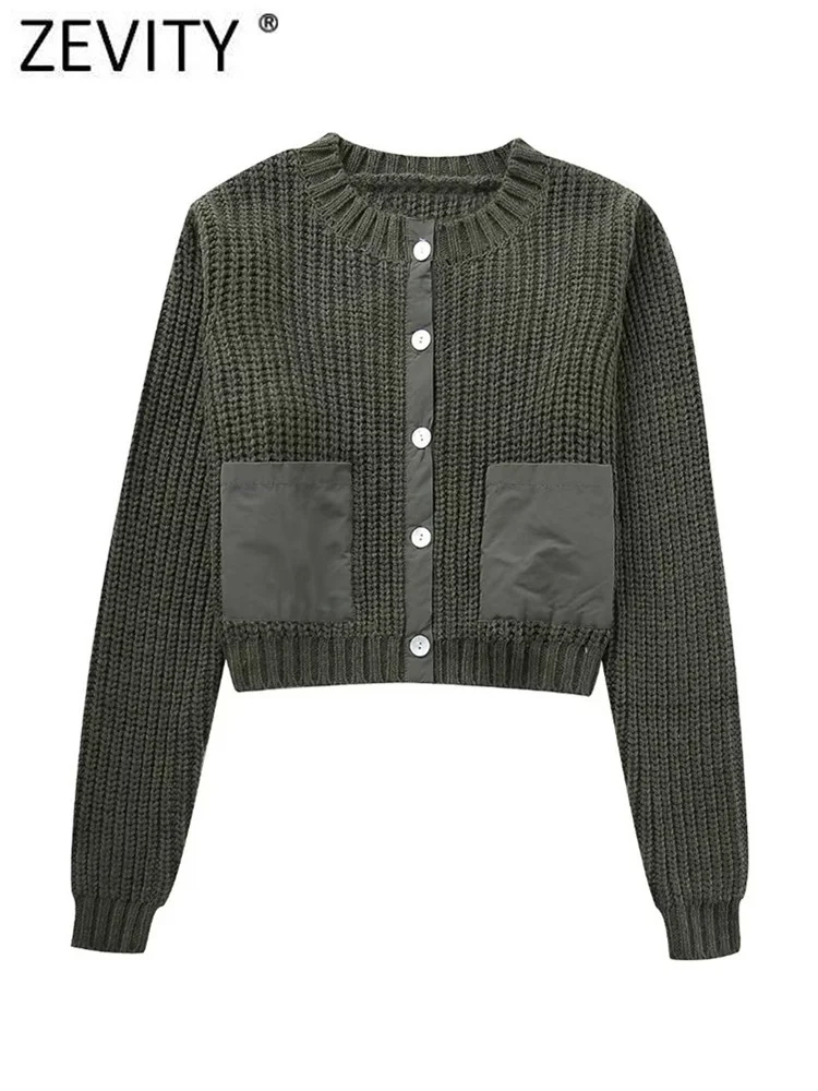 

Zevity 2023 женский модный короткий вязаный свитер с карманами, Женский шикарный Зимний короткий топ с длинным рукавом CT5469