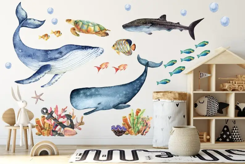 

Sea World Ocean Wall decal for kids rooms or nursery! Ocean life animals plus coral, whale, fish, shark and dolphin! Peel and st