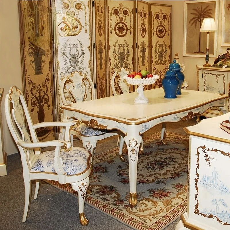 

Pastoral solid wood birch neoclassical hand-painted landscape blue and white landscape painting Phnom Penh white dining table
