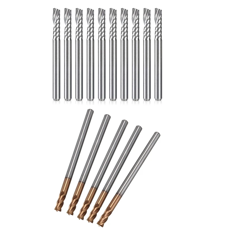 

5 Pcs 3Mm Solid Carbide Endmills Endmill D3X8XD4X50L & 10 Pcs CNC Router Bits 1/8 Inch Shank Spiral Upcut Router Bit