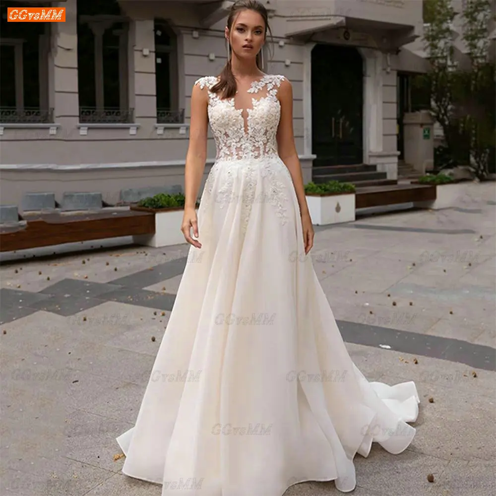 

GGVSMM Sexy 2022 Wedding Dresses O Neck Lace Appliques Hochzeitskleid A Line Sweep Strain Bridal Gown For Women Vestido De Noiva