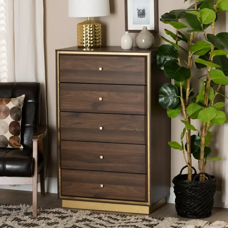 

Cormac Mid- Transitional Walnut Finished Wood and Metal 5-Drawer Storage Chest