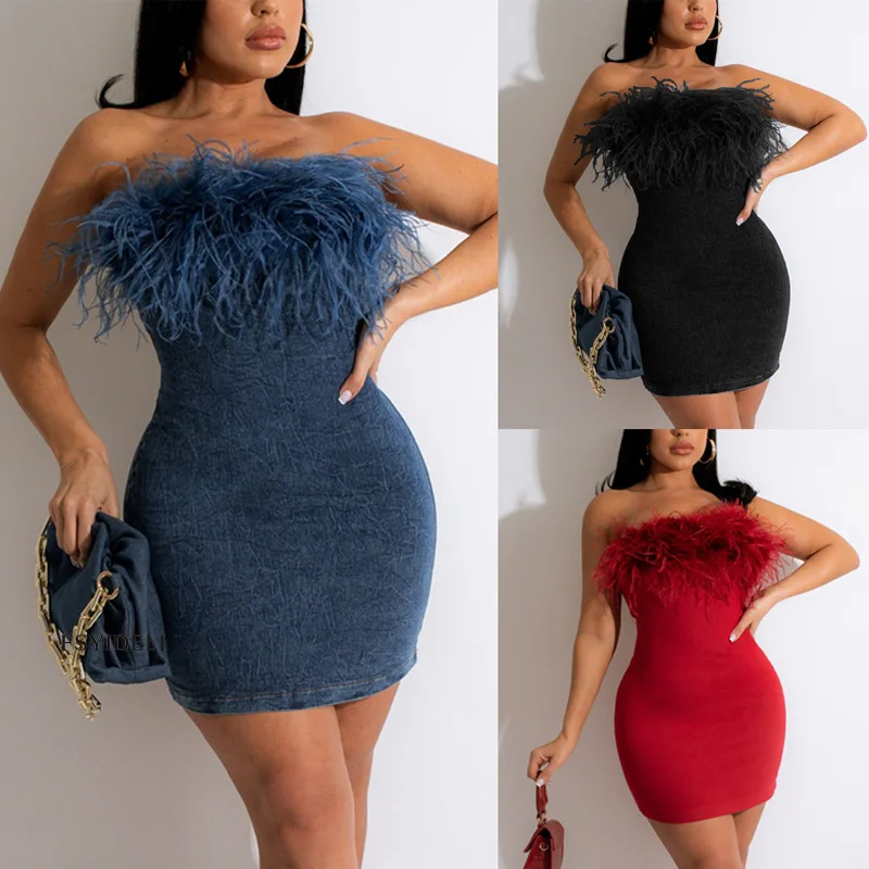 Women Bodycon Mini Dress Feather Sexy Strapless Sleeveless Backless Party Homecoming Dress Fashion Club Cocktail Dresses