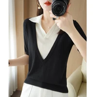 summer temperament fake two piece short sleeved bottoming top v neck contrast color loose pullover ice silk sweater women