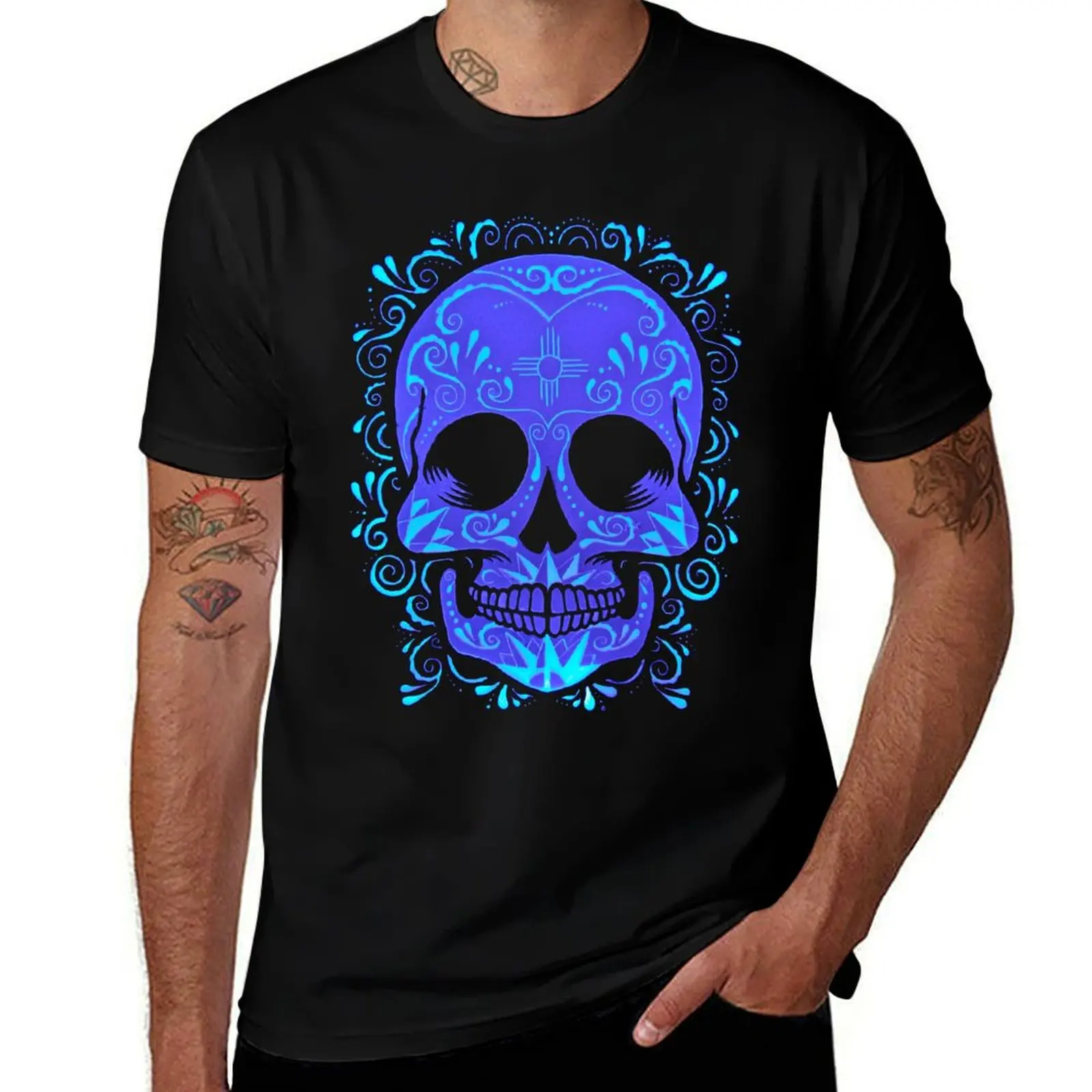 Фото Футболка Zia Sugar Skull (синяя) для повседневной носки, базовая модель с короткими рукавами №1