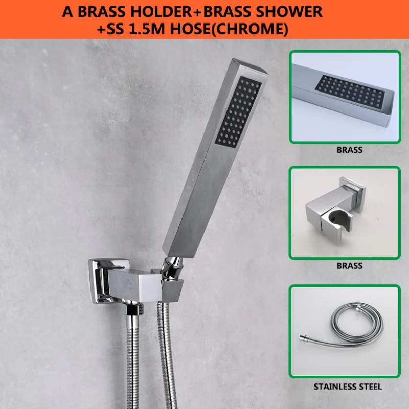 

Hand Shower Set Bathroom Fixtures Brass Material Square Holder Chrome/Black/Gold/Grey 1.5m Hose 3 Functions Shower Spare Kits