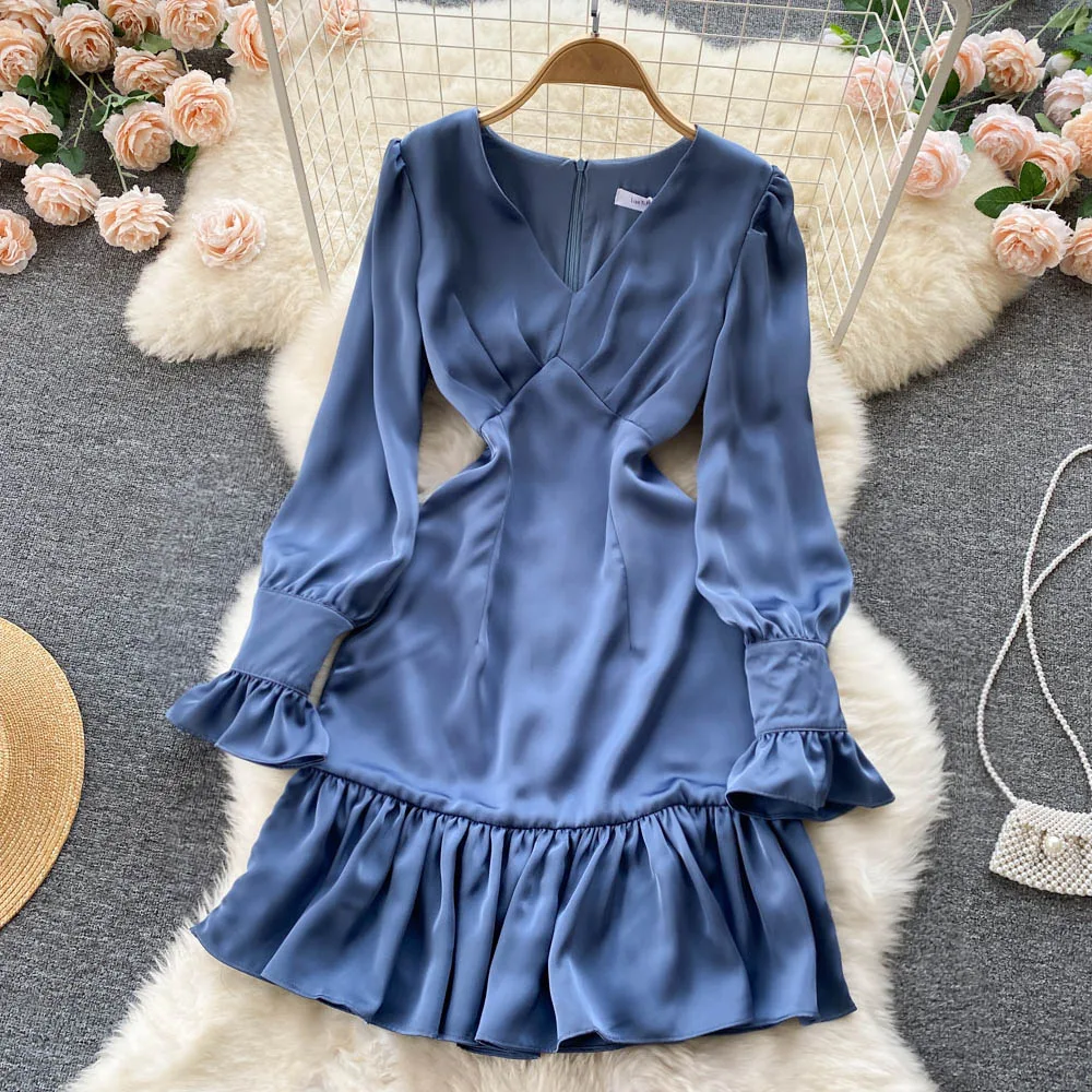 

2022 Spring Autumn New Fashion Women V Neck Irregular Slim Long Sleeve Blue A-line Short Dress Casual Clothing Vestidos D778