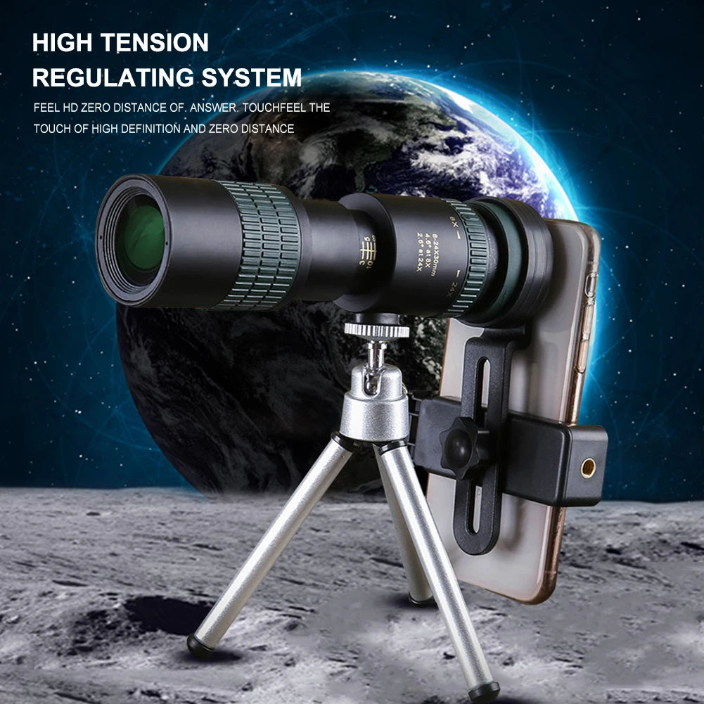 

HD Monocular 8-24x30 Non-Infrared High Magnification Portable Night Vision 1000 Telescope Spring Clip Silver Aluminum Tripod