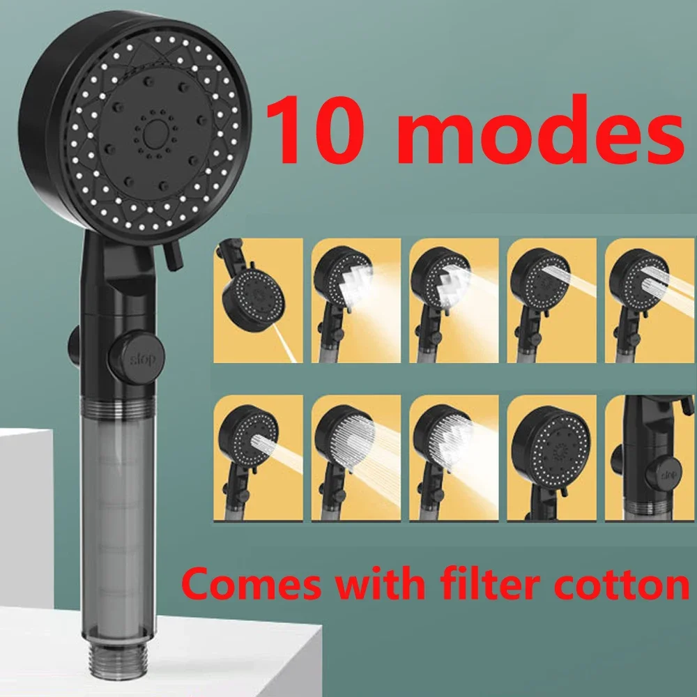 

10 Modes Showerhead High-Pressure Filtered Shower Head One Key Stop Water Bathroom Handheld Portable Shower Nozzle