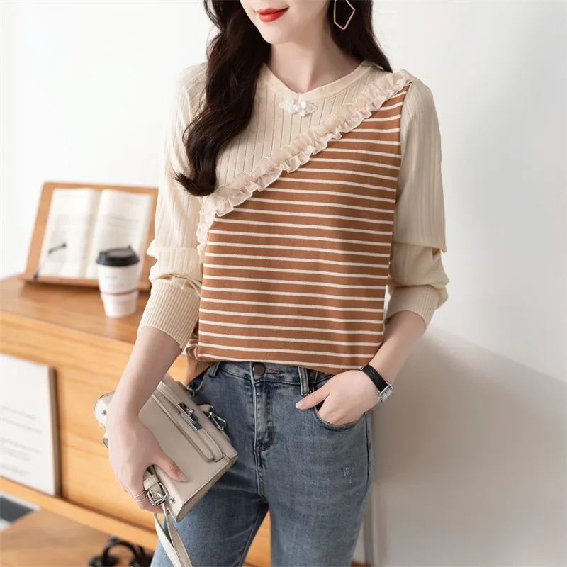 

New Spring Fashion Korean Edition Colorblock Stripe Round Neck Loose and Versatile Western Women's Knitted Long Sleeve Sweater