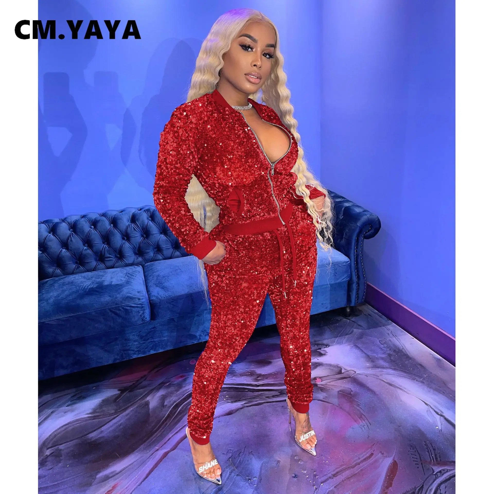 CM.YAYA Autumn Winter Streetwear Sequins Women's Set Zipper Fly Jacket and Pants Tracksuit Two Piece Fitness Outfits |