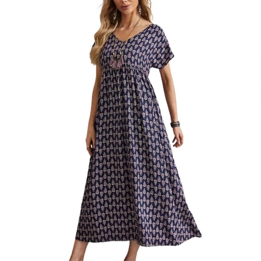 

Maxi Dress Women Retro V-neck Loose Print A-line Short Sleeve Pullover Casual Beach Dress Women Clothing 2023 vestidos 원피스