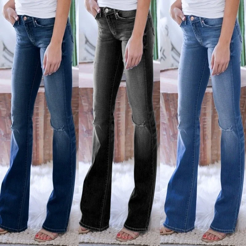 

Streetwear Vintage Jeans Women Jeans Summer Slim Ripped Jeans Women's Casual Mid Waist Button Denim Bell-Bottom Pants Trousers