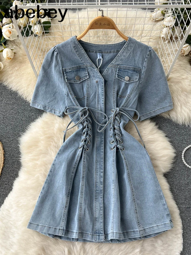 

Women Fashion A-line Mini Denim Dress Summer Single-Breasted Short Puff Sleeve bandage V Neck Jean Dresses Female