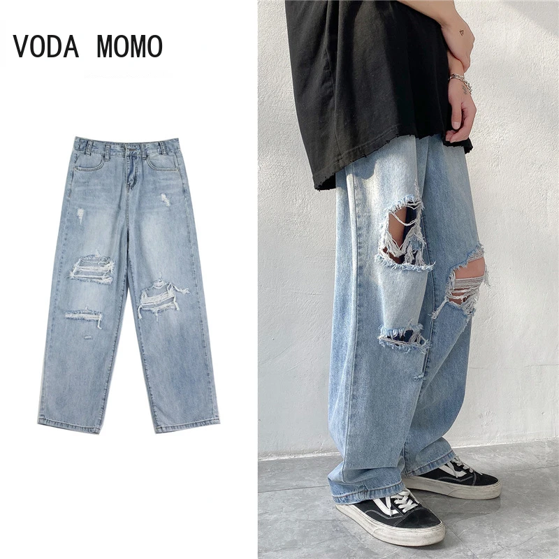 Men Jeans Wide-leg Straight Jeans 3XL Hole Ripped Street-wear All-match Denim Trousers Mens Loose Casual Fashion Harajuku New